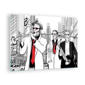 Quadro su vetro - Una street band jazz con uno stile grafico moderno. - 70x50cm - Rapsodia cittadina in nero e rosso - Decorazione murale moderna per soggiorno e camera da letto ARTTOR