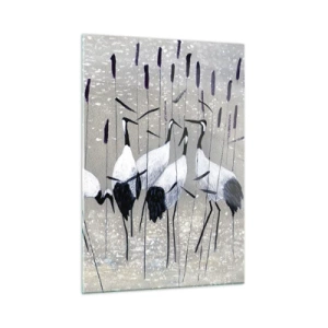 Quadro su vetro - Quattro gru tra le canne in riva al lago - 50x70cm - Tra i suoi - Decorazione murale moderna per soggiorno e camera da letto ARTTOR