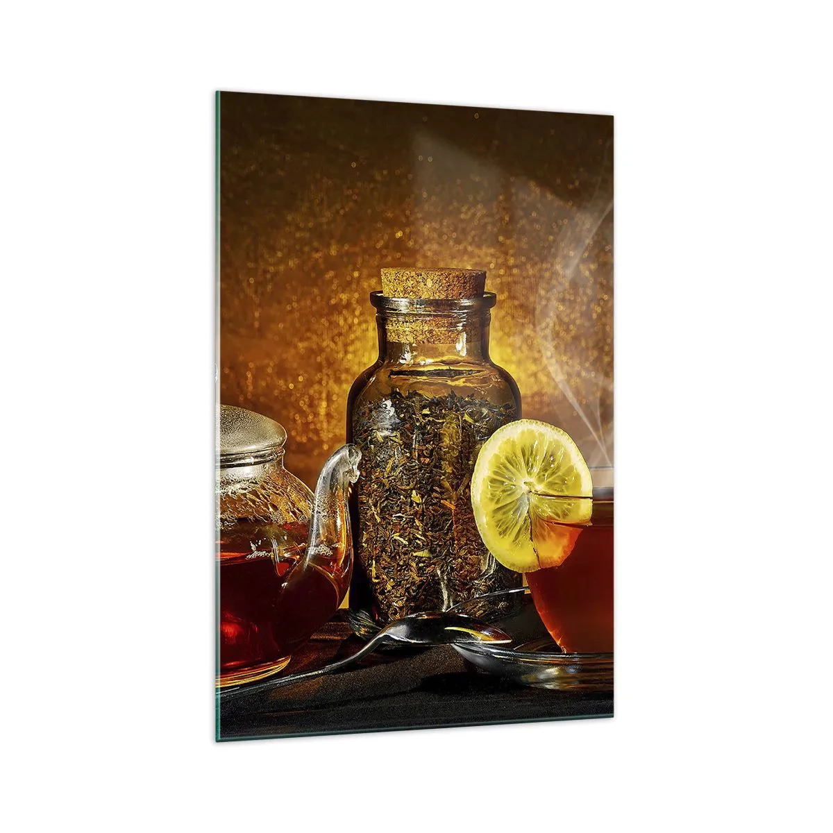Quadro su vetro - Tè in una brocca di vetro con limone e tè sfuso - 70x100cm - Nello stile dei maestri olandesi - Decorazione murale moderna per soggiorno e camera da letto ARTTOR
