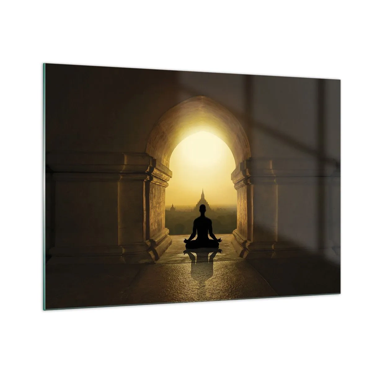 Quadro su vetro - Silhouette di una persona in meditazione alla luce del sole al tramonto in un arco architettonico - 100x70cm - Armonia completa - Decorazione murale moderna per soggiorno e camera da letto ARTTOR