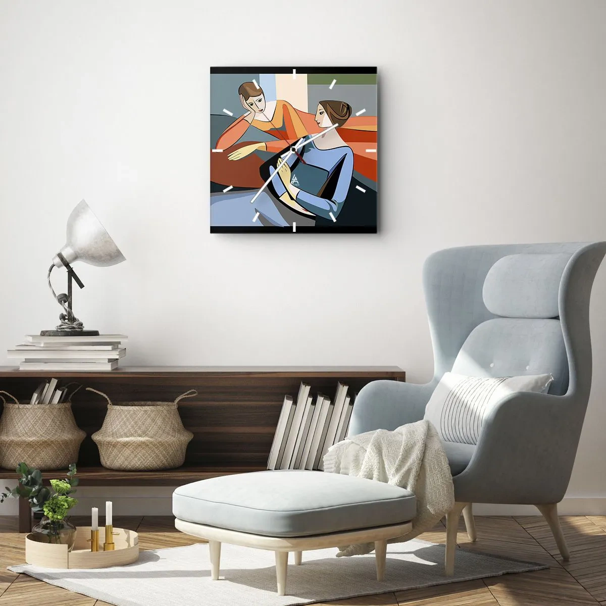 Orologio da parete - Orologio in Vetro - Illustrazione astratta di due donne in stile cubista - 30x30cm - Il momento delle confidenze - Decorazione murale moderna per soggiorno e camera da letto ARTTOR