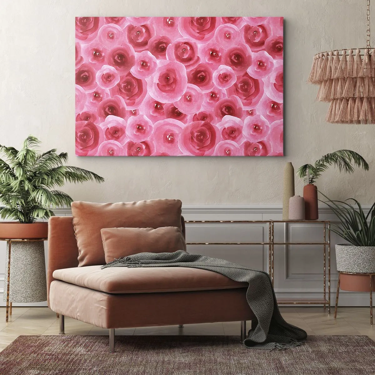 Quadro su tela - Stampe su Tela - Delicate rose nelle tonalità pastello del rosa - 100x70cm - Rose in alto e in basso - Decorazione murale moderna per soggiorno e camera da letto ARTTOR