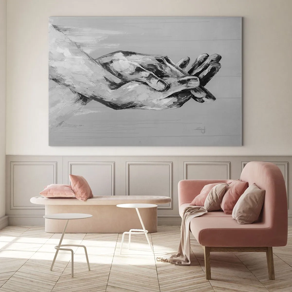 Quadro su vetro - Dipinto in bianco e nero di due mani che si cercano - 100x70cm - Inizio... - Decorazione murale moderna per soggiorno e camera da letto ARTTOR
