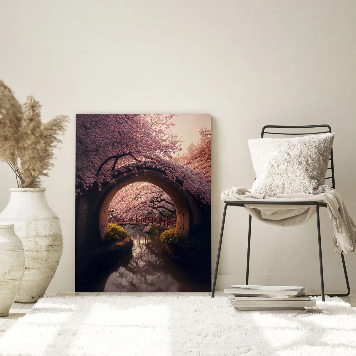 Quadro su vetro - Fiori di ciliegio e un ponte giapponese visti attraverso il cancello rotondo - 50x70cm - Primavera giapponese - Decorazione murale moderna per soggiorno e camera da letto ARTTOR
