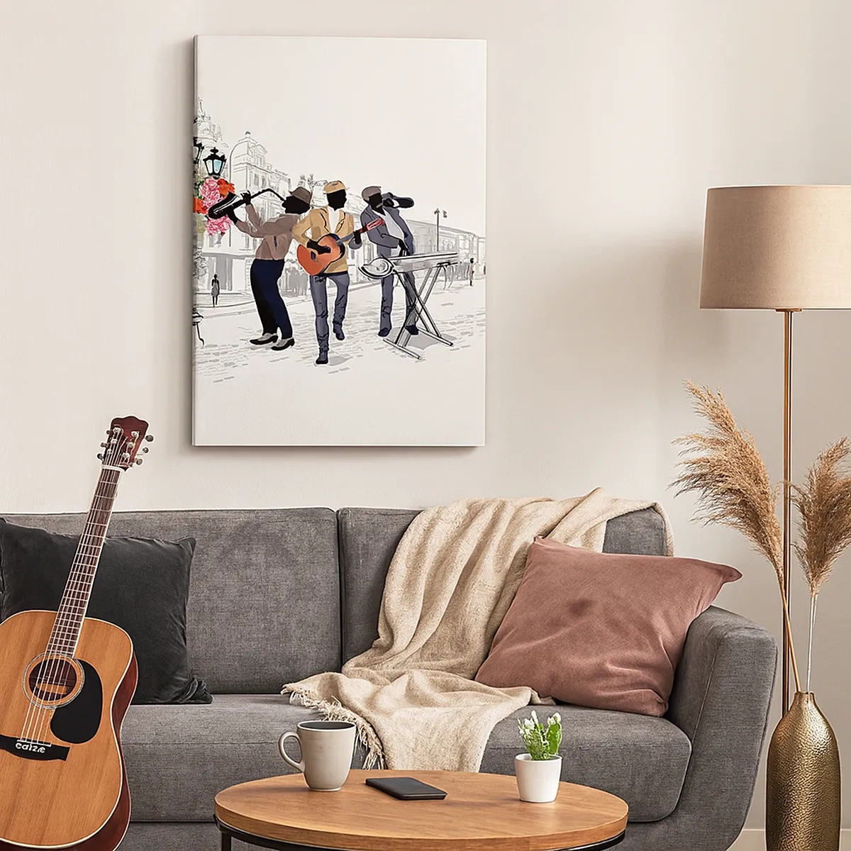 Quadro su tela - Stampe su Tela - Musicisti di strada che suonano sullo sfondo di un paesaggio urbano - 50x70cm - Musica da strada - Decorazione murale moderna per soggiorno e camera da letto ARTTOR