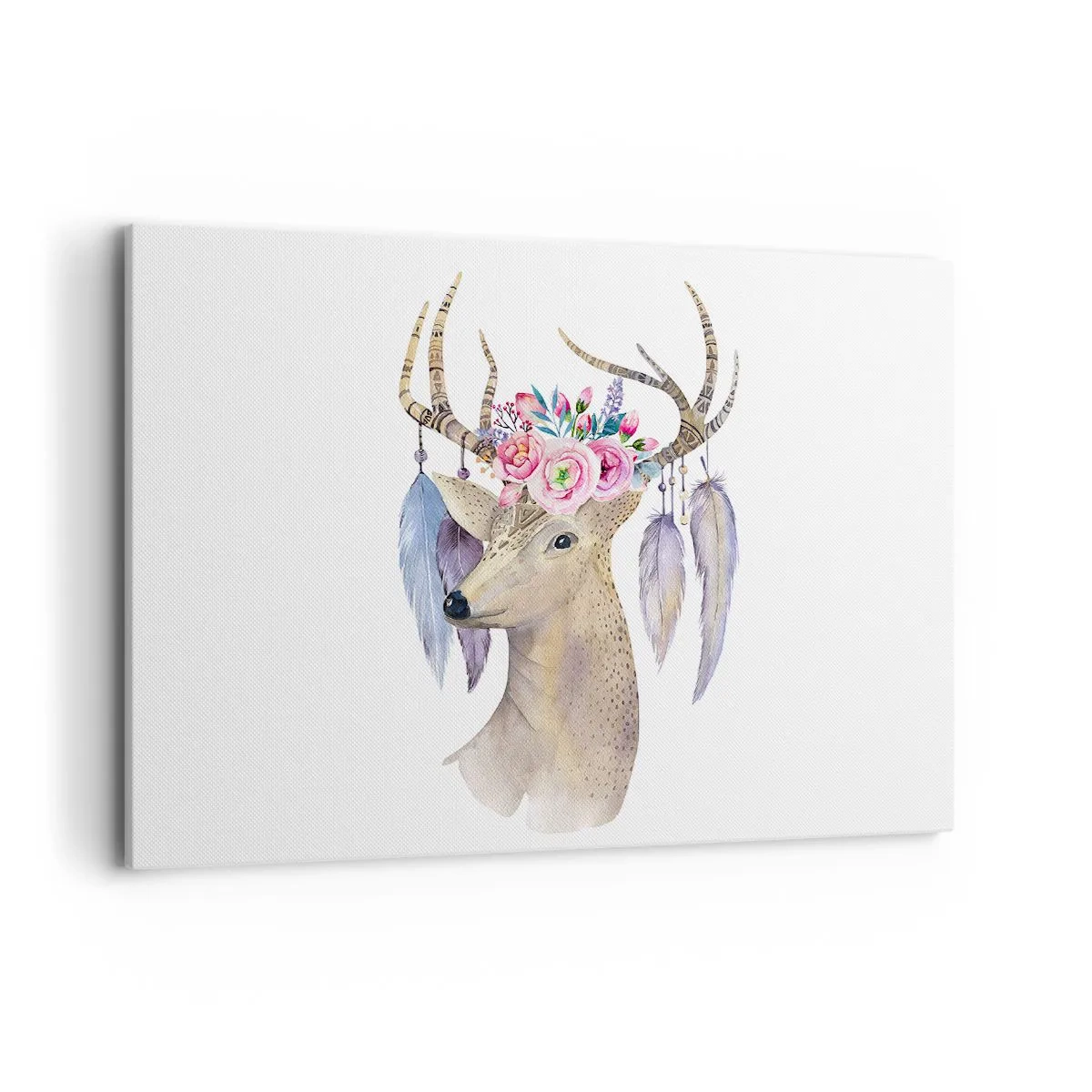 Quadro su tela - Stampe su Tela - Grafica romantica di un cervo con fiori e piume - 120x80cm - Guida delle anime: delicato e innocente - Decorazione murale moderna per soggiorno e camera da letto ARTTOR