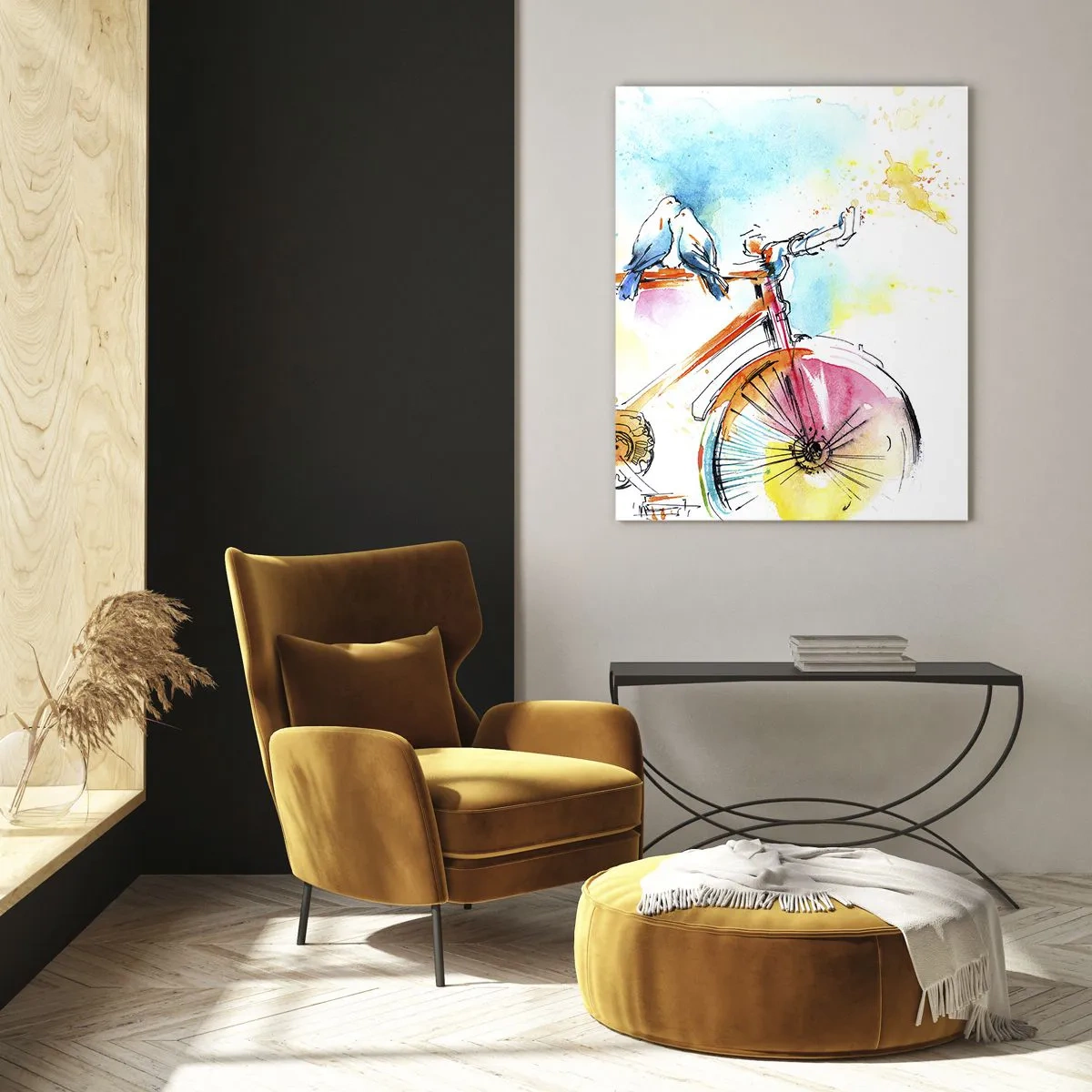 Quadro su vetro - Dipinto ad acquerello colorato di una bicicletta con uccelli seduti sopra - 70x100cm - In due in bicicletta - Decorazione murale moderna per soggiorno e camera da letto ARTTOR