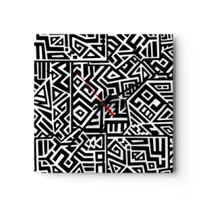 Orologio da parete - Orologio in Vetro - Motivi geometrici in bianco e nero ispirati alla cultura precolombiana - 30x30cm - Composizione precolombiana - Decorazione murale moderna per soggiorno e camera da letto ARTTOR