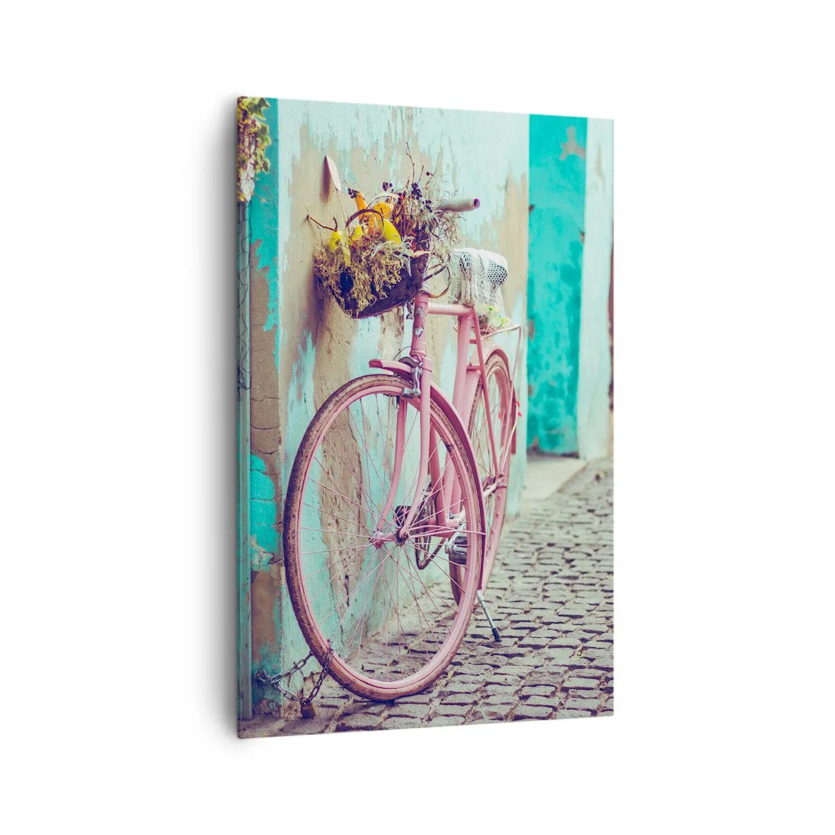 Quadro su tela - Stampe su Tela - Una bicicletta rosa vicino a una porta turchese - 80x120cm - Torno subito - Decorazione murale moderna per soggiorno e camera da letto ARTTOR