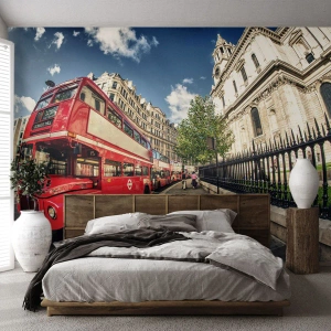 Fotomurali Premium Sand - Via di Londra in grigio e rosso - Città, Londra, Autobus rosso - 200x140 cm