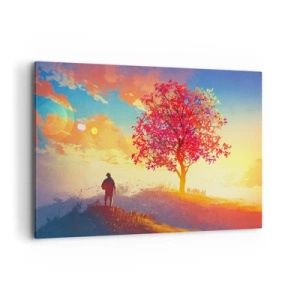 Quadro su tela - Stampe su Tela - Una figura su una collina accanto a un albero colorato alla luce del sole al tramonto - 120x80cm - Pellegrino alla meta - Decorazione murale moderna per soggiorno e camera da letto ARTTOR