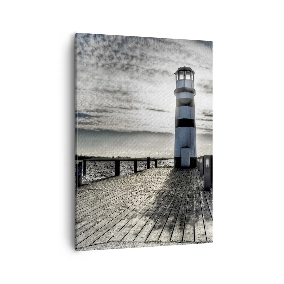 Quadro su tela - Stampe su Tela - Faro su un molo di legno con vista sul mare. - 50x70cm - Marinai, vi aspettiamo - Decorazione murale moderna per soggiorno e camera da letto ARTTOR