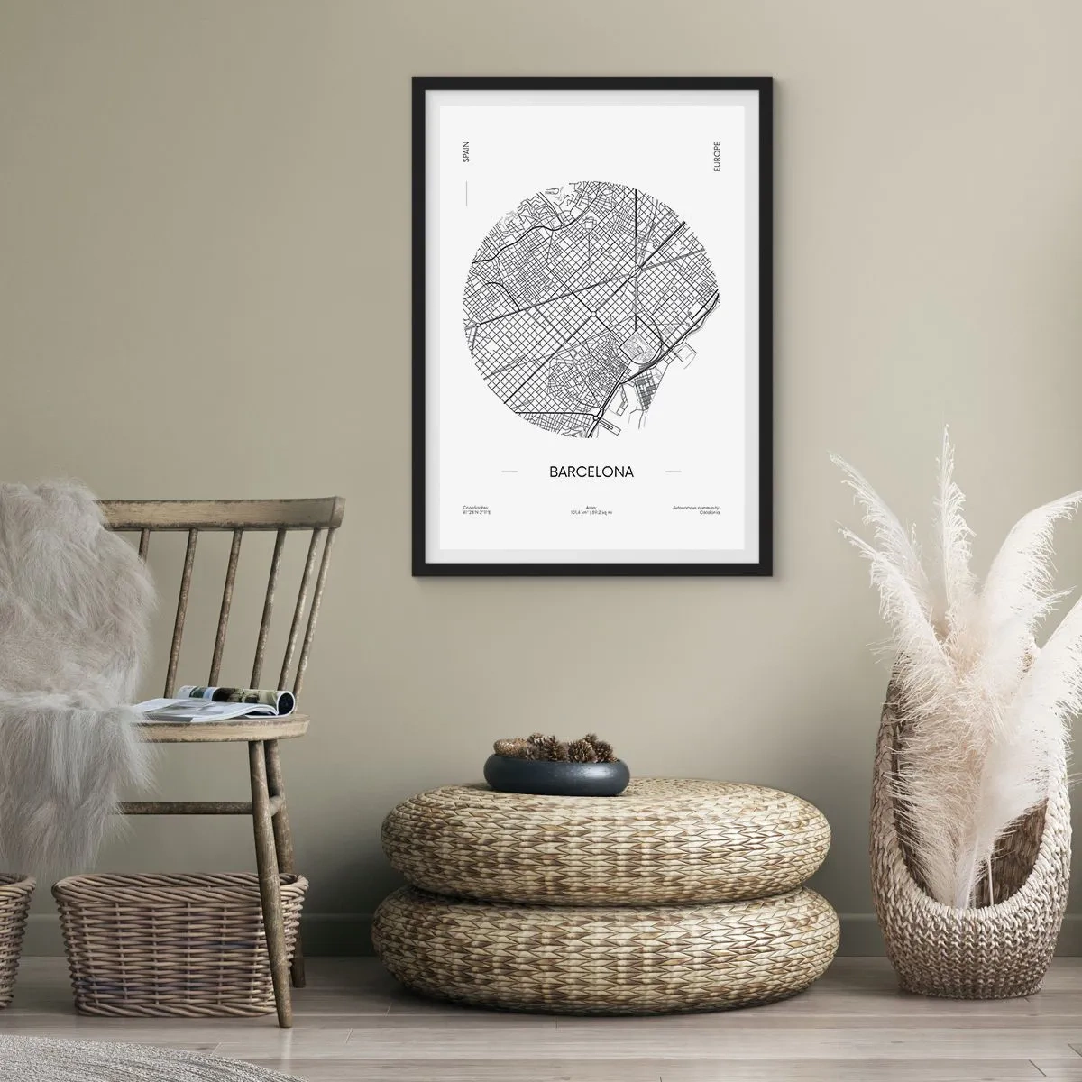 Poster in cornice nera - Una mappa minimalista di Barcellona in bianco e nero. - 50x70cm - Anatomia di Barcellona - Decorazione murale moderna per soggiorno e camera da letto ARTTOR