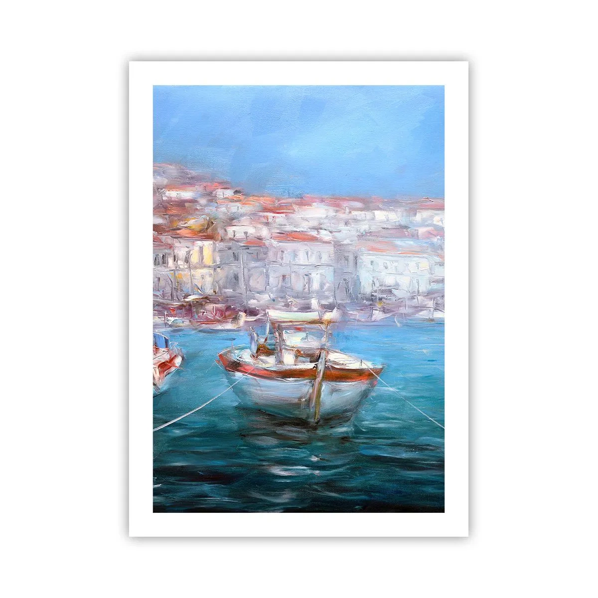 Poster - Una barca nel porto, con vista sulla città - 50x70cm - Golfo italiano - Decorazione murale moderna per soggiorno e camera da letto ARTTOR