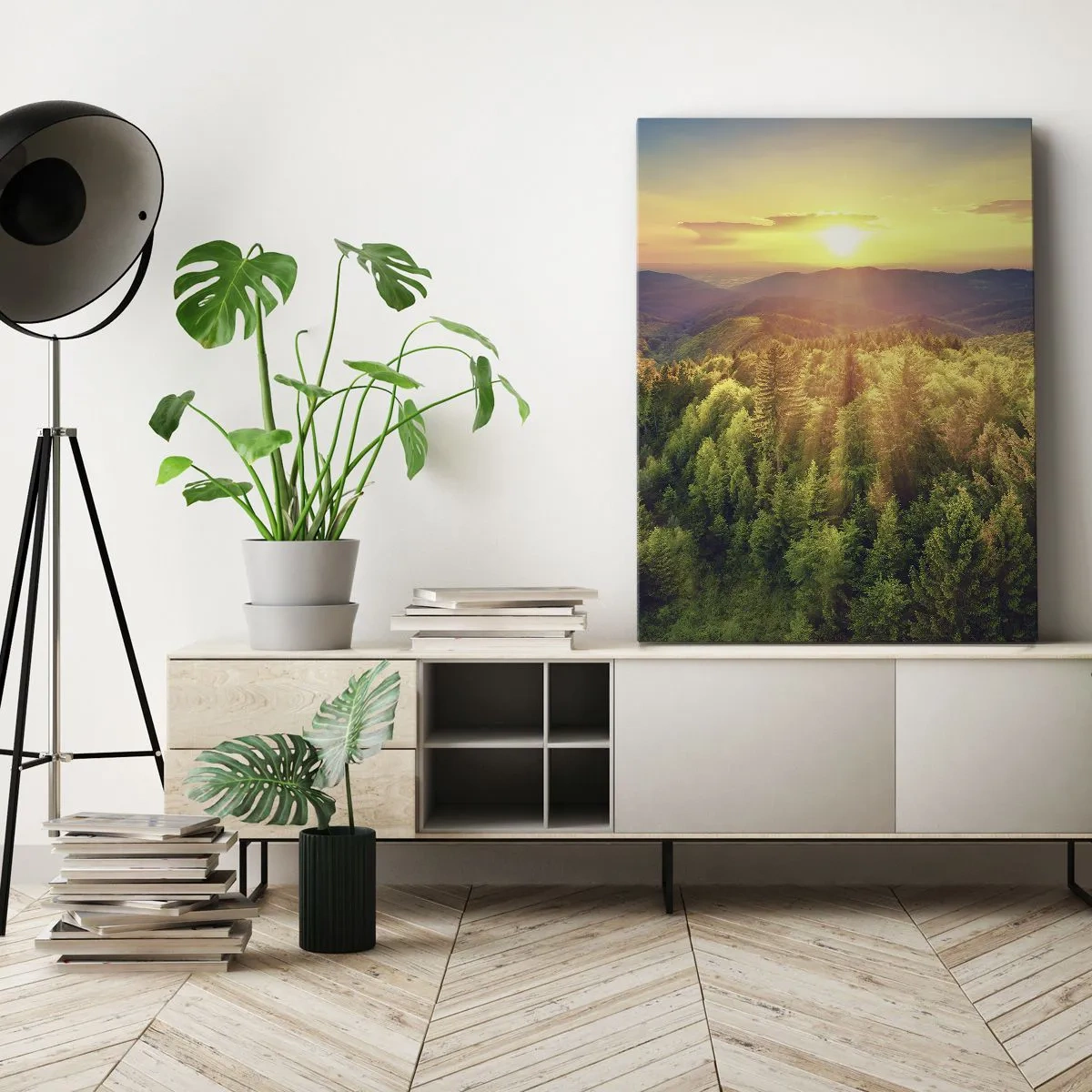 Quadro su tela - Stampe su Tela - Paesaggio forestale con tramonto sulle colline - 70x100cm - Vette e cime - Decorazione murale moderna per soggiorno e camera da letto ARTTOR