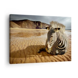 Quadro su tela - Stampe su Tela - Una zebra che riposa su una spiaggia sabbiosa con scogliere sullo sfondo. - 70x50cm - Fatti l'uno per l'altra - Decorazione murale moderna per soggiorno e camera da letto ARTTOR