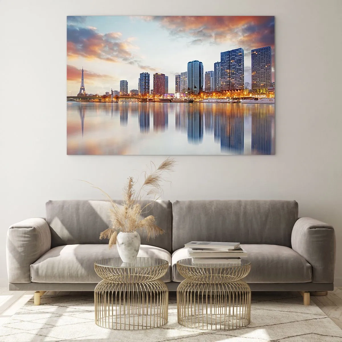 Quadro su vetro - Panorama di Parigi con la Torre Eiffel e gli edifici moderni al tramonto - 70x50cm - La pace monumentale di Parigi - Decorazione murale moderna per soggiorno e camera da letto ARTTOR