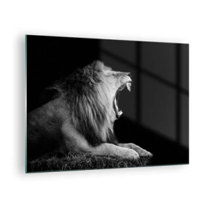 Quadro su vetro - Ritratto in bianco e nero di un leone che ruggisce contro un'ombra - 70x50cm - Senza alcun dubbio - Decorazione murale moderna per soggiorno e camera da letto ARTTOR