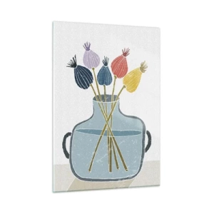 Quadro su vetro - Teste di papavero decorative in una brocca in stile grafico - 50x70cm - Il silenzio dei papaveri - Decorazione murale moderna per soggiorno e camera da letto ARTTOR