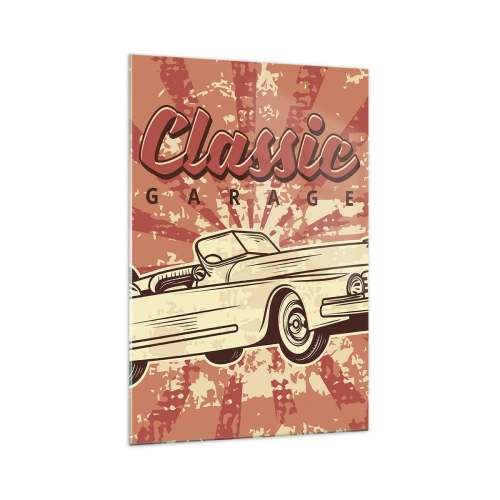 Quadro su vetro - Poster retrò con un'auto d'epoca e la scritta Classic Garage - 70x100cm - E alla radio Elvis - Decorazione murale moderna per soggiorno e camera da letto ARTTOR