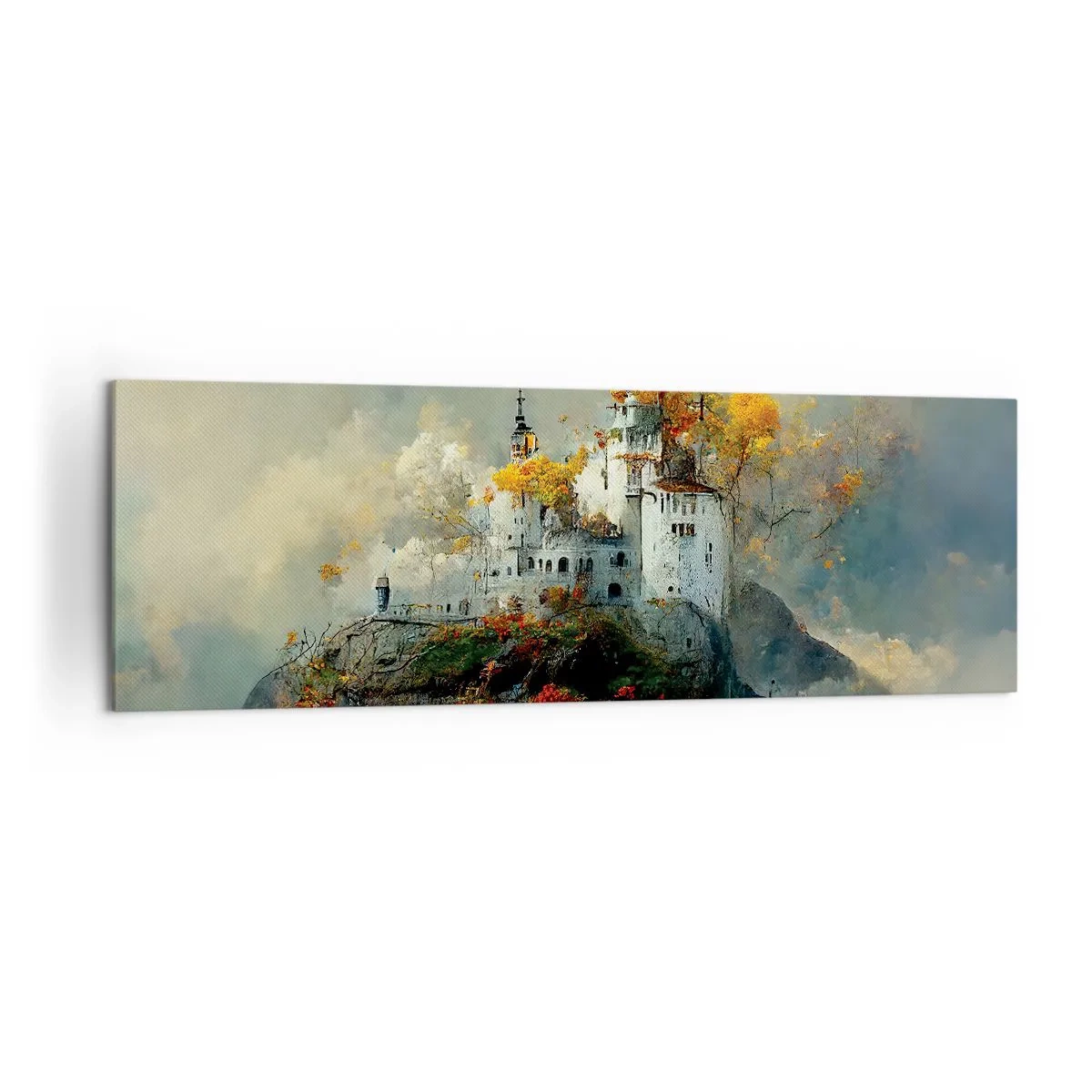 Quadro su tela - Stampe su Tela - Un castello su una collina circondato da alberi autunnali - 160x50cm - Inizio di una storia romantica - Decorazione murale moderna per soggiorno e camera da letto ARTTOR