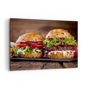 Quadro su tela - Stampe su Tela - Appetitosi hamburger con verdure e salsa - 100x70cm - American dream - Decorazione murale moderna per soggiorno e camera da letto ARTTOR