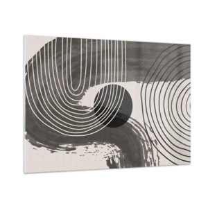 Quadro su vetro - Astrazione moderna con linee bianche e nere e un ovale - 100x70cm - L'ovale vittorioso - Decorazione murale moderna per soggiorno e camera da letto ARTTOR