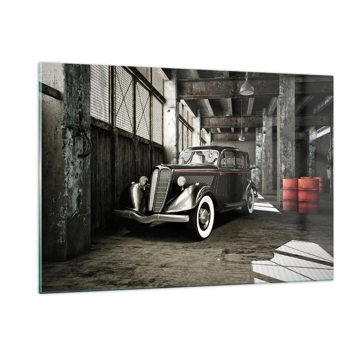 Quadro su vetro - Un'auto d'epoca in un garage elegante - 120x80cm - L'eleganza eterna degli anni '30 - Decorazione murale moderna per soggiorno e camera da letto ARTTOR