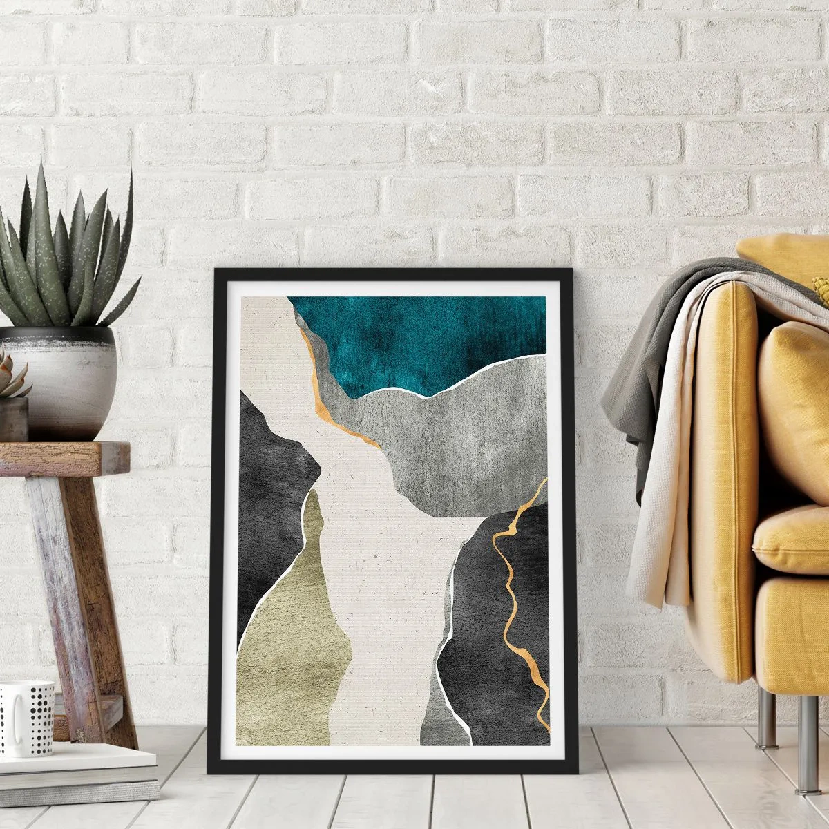 Poster in cornice nera - Composizione astratta con forme geometriche - 50x70cm - Composizione mosaico con filo d'oro - Decorazione murale moderna per soggiorno e camera da letto ARTTOR