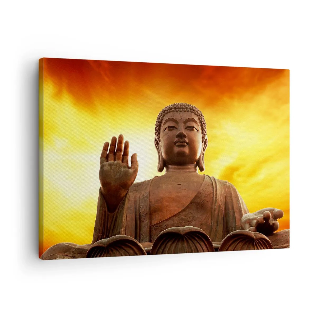 Quadro su tela - Stampe su Tela - Una statua del Buddha contro un cielo dorato al tramonto - 70x50cm - La pace del mondo - Decorazione murale moderna per soggiorno e camera da letto ARTTOR