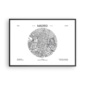 Poster in cornice nera - Mappa di Madrid in stile minimalista in bianco e nero - 100x70cm - Anatomia di Madrid - Decorazione murale moderna per soggiorno e camera da letto ARTTOR