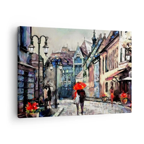 Quadro su tela - Stampe su Tela - Un'affascinante strada cittadina con una coppia sotto un ombrello rosso - 70x50cm - Pioggia per due - Decorazione murale moderna per soggiorno e camera da letto ARTTOR