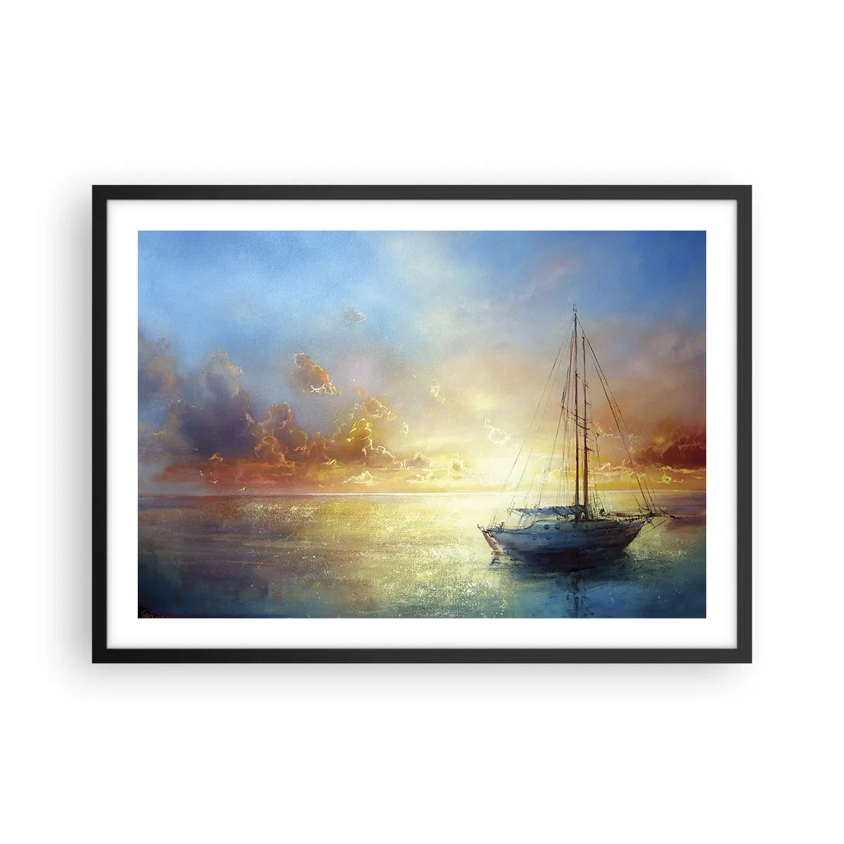 Poster in cornice nera - Uno yacht su un mare calmo al tramonto - 70x50cm - Nella baia dorata - Decorazione murale moderna per soggiorno e camera da letto ARTTOR