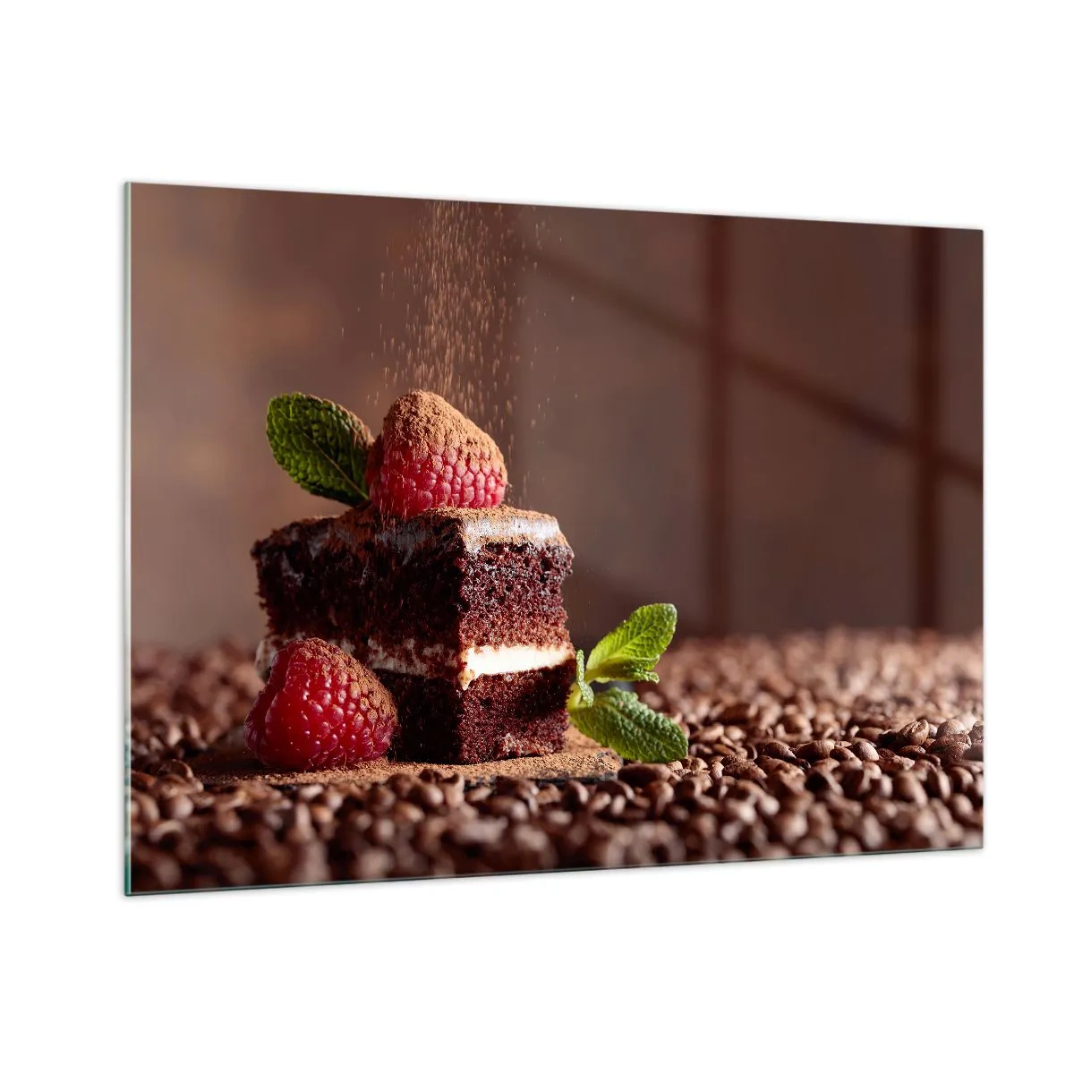 Quadro su vetro - Dessert al cioccolato con lamponi e foglie di menta - 100x70cm - La vita è dolce - Decorazione murale moderna per soggiorno e camera da letto ARTTOR