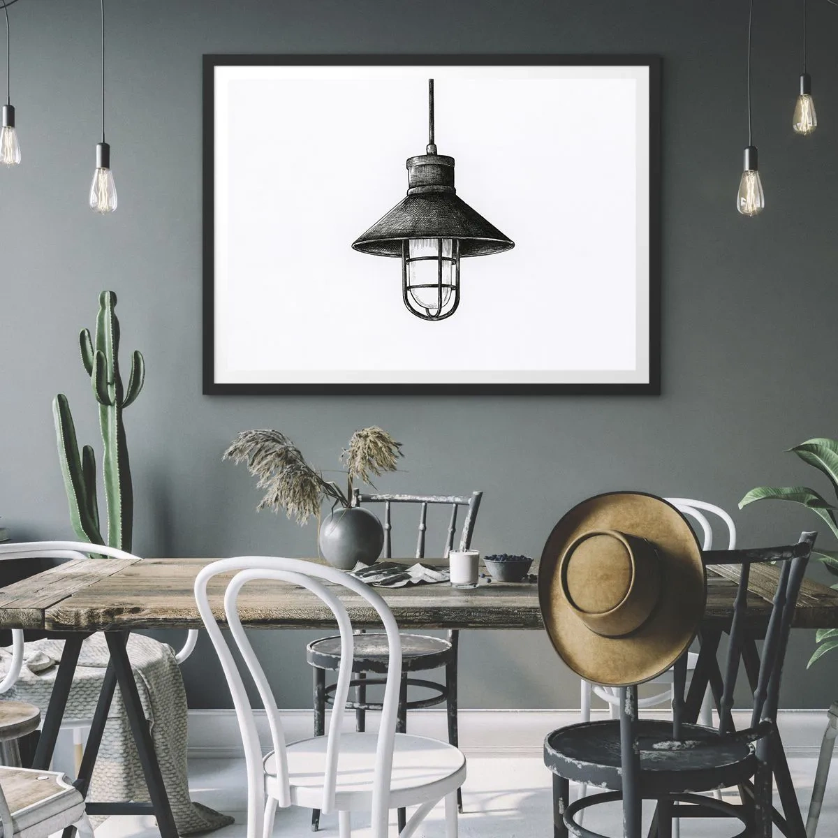 Poster in cornice nera - Disegno di una lampada a sospensione retrò su sfondo bianco - 70x50cm - Come tanti anni fa... - Decorazione murale moderna per soggiorno e camera da letto ARTTOR