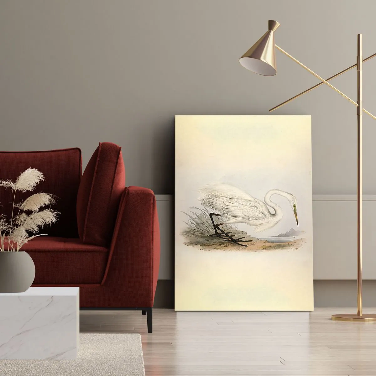Quadro su tela - Stampe su Tela - Disegno di un airone bianco su uno sfondo di paesaggio naturale - 70x100cm - La signora nel canneto - Decorazione murale moderna per soggiorno e camera da letto ARTTOR