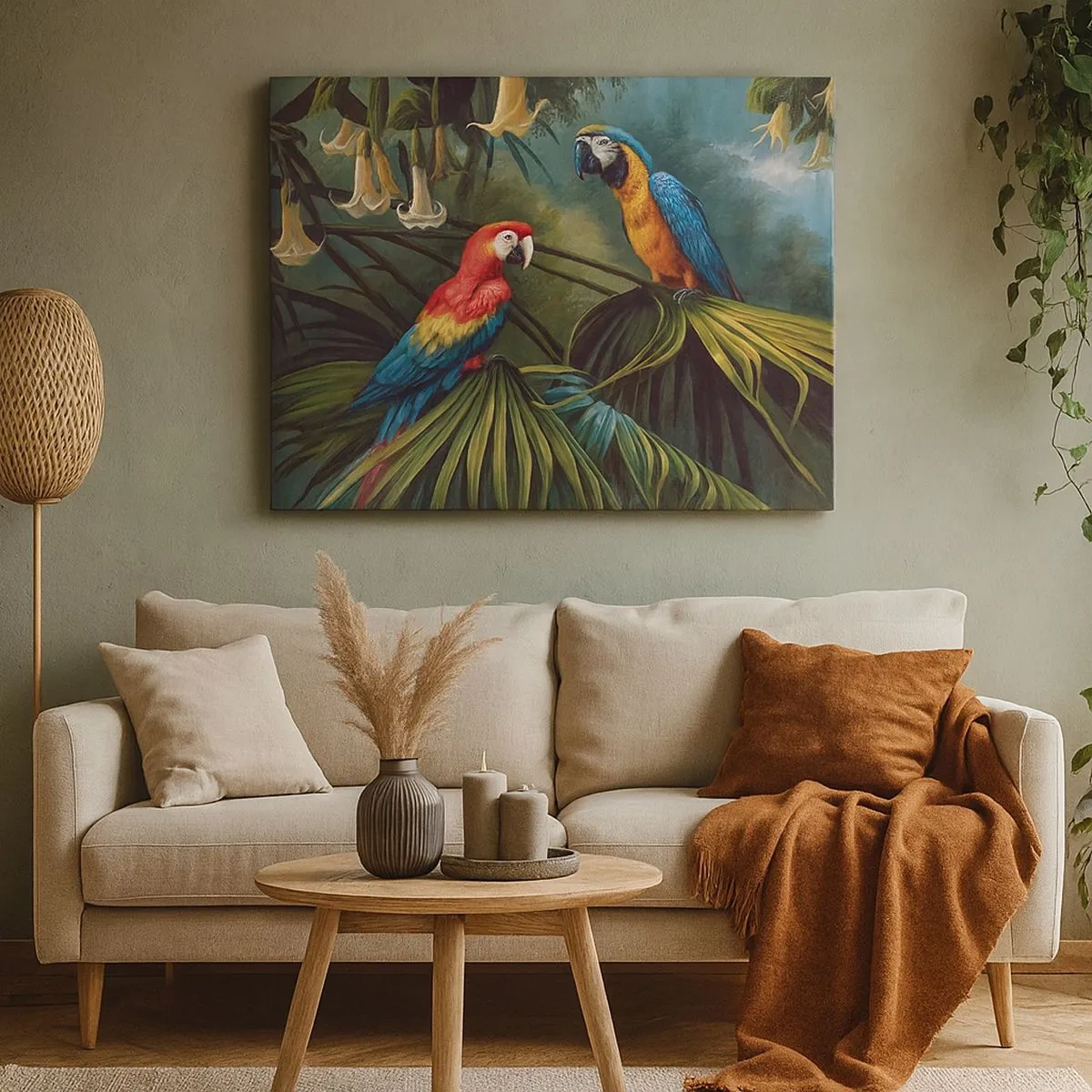 Quadro su tela - Stampe su Tela - Pappagalli in una foresta tropicale con fiori esotici sullo sfondo - 70x50cm - Romanticità ai tropici - Decorazione murale moderna per soggiorno e camera da letto ARTTOR