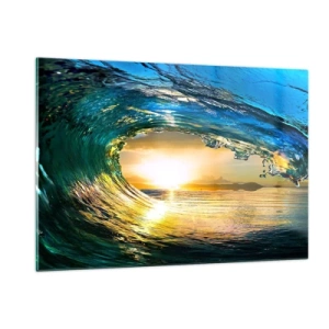 Quadro su vetro - Un'onda dell'oceano catturata alla luce del sole al tramonto - 120x80cm - Nel cristallo oro e smeraldo - Decorazione murale moderna per soggiorno e camera da letto ARTTOR
