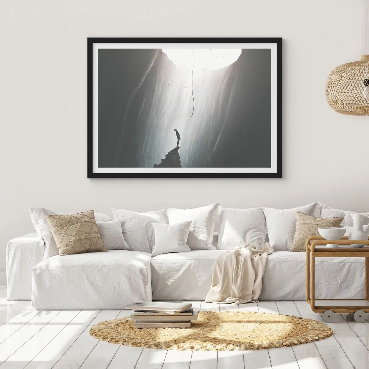 Poster in cornice nera - Sagoma di un uomo sul pavimento di una grotta con vista sulla luce - 70x50cm - C'è sempre una via d'uscita - Decorazione murale moderna per soggiorno e camera da letto ARTTOR
