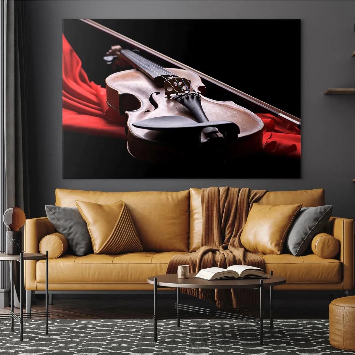 Quadro su vetro - Violino su tessuto rosso su sfondo nero - 100x70cm - La musica dei sentimenti - Decorazione murale moderna per soggiorno e camera da letto ARTTOR