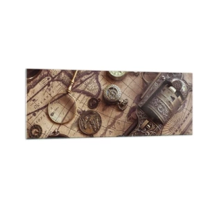 Quadro su vetro - Oggetti antichi su una vecchia mappa in stile retrò - 140x50cm - La natura chiama - Decorazione murale moderna per soggiorno e camera da letto ARTTOR