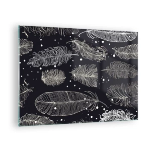 Quadro su vetro - Piume bianche su sfondo nero con dettagli sottili - 70x50cm - Pizzo piumato - Decorazione murale moderna per soggiorno e camera da letto ARTTOR