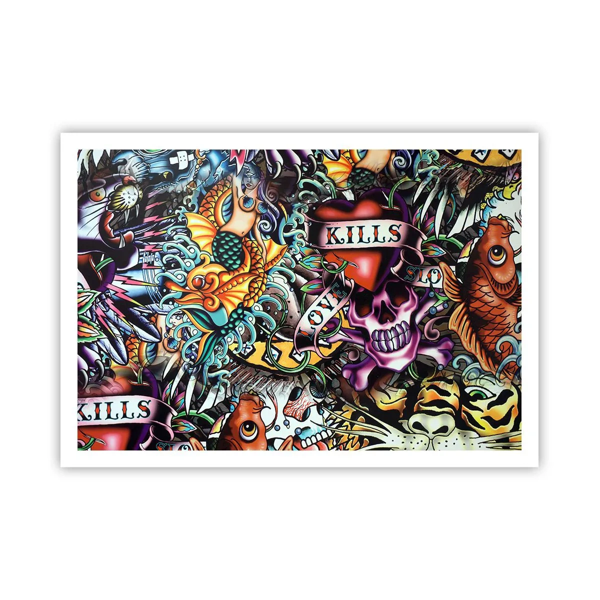 Poster - Colorata opera d'arte in stile tatuaggio con teschi e motivi nautici - 100x70cm - Il sogno del tatuatore - Decorazione murale moderna per soggiorno e camera da letto ARTTOR