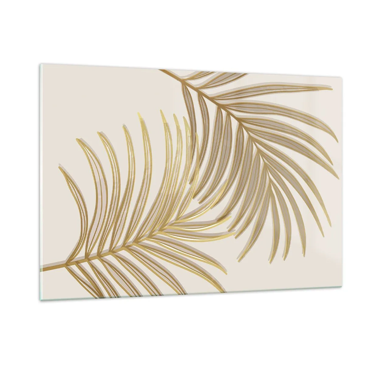 Quadro su vetro - Foglie di palma dorate su sfondo chiaro - 120x80cm - Palma d'oro! - Decorazione murale moderna per soggiorno e camera da letto ARTTOR