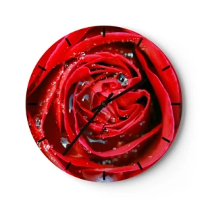 Orologio da parete - Orologio in Vetro - Primo piano di una rosa rossa ricoperta di gocce d'acqua - 30x30cm - Nelle gocce della rugiada - Decorazione murale moderna per soggiorno, cucina e camera da letto ARTTOR
