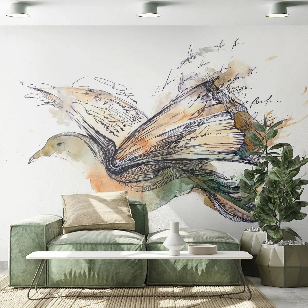 Fotomurali Premium Canvas - Sulle ali della poesia - Astrazione, Uccello, Libro - 450x315 cm