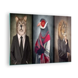 Quadro su vetro - Tre animali in abiti eleganti su uno sfondo stilizzato - 70x50cm - Che faccio io qui? - Decorazione murale moderna per soggiorno e camera da letto ARTTOR