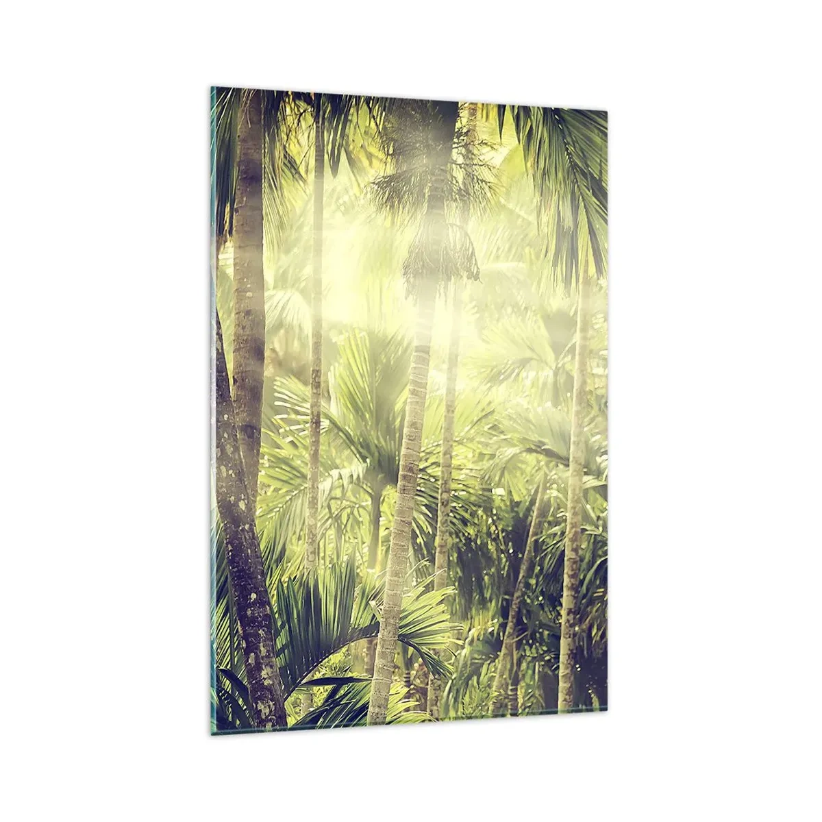 Quadro su vetro - Raggi di sole in una foresta tropicale di palme - 80x120cm - Nell'afa verde - Decorazione murale moderna per soggiorno e camera da letto ARTTOR