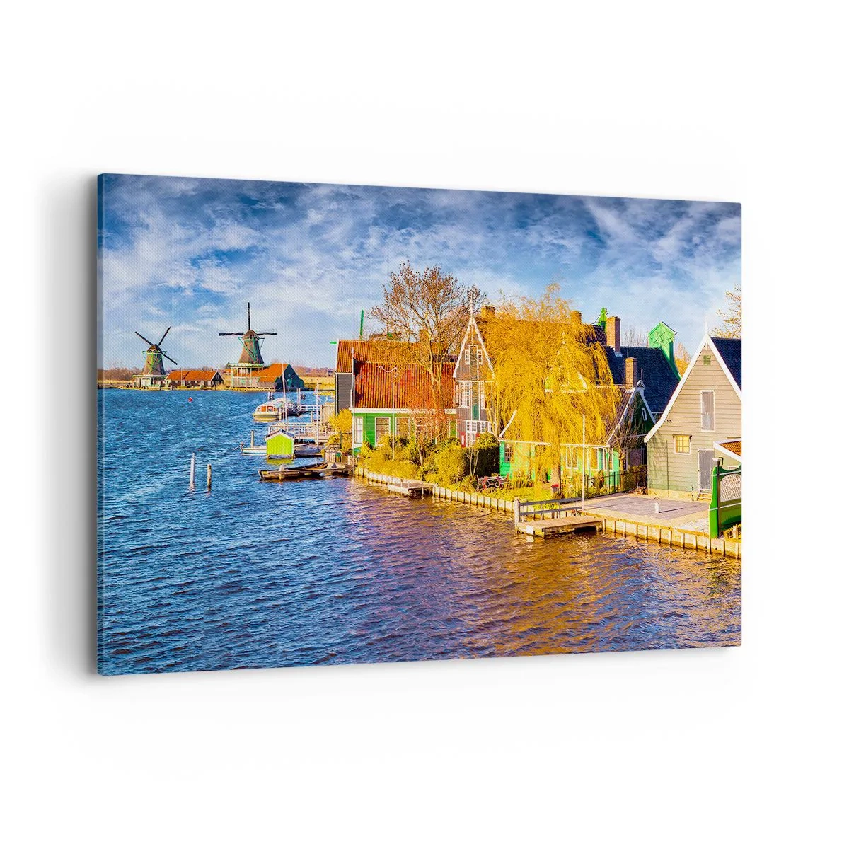 Quadro su tela - Stampe su Tela - Case pittoresche e mulini a vento in riva all'acqua - 100x70cm - Da secoli immutabile - Decorazione murale moderna per soggiorno e camera da letto ARTTOR