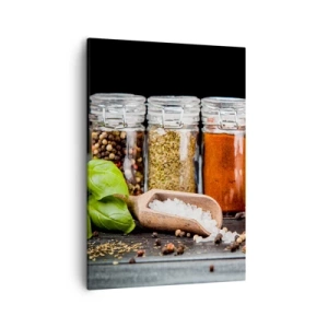 Quadro su tela - Stampe su Tela - Erbe e spezie in barattoli di vetro su sfondo scuro - 50x70cm - Perché la vita abbia sapore - Decorazione murale moderna per soggiorno e camera da letto ARTTOR